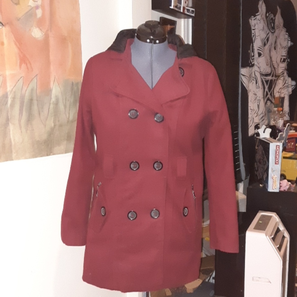 Red Wool Peacoat with Hood.